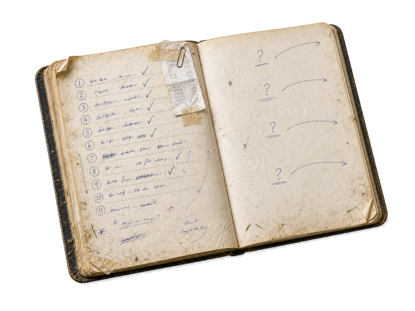 A working diary open with paper question tabs stuck along the edge of the page