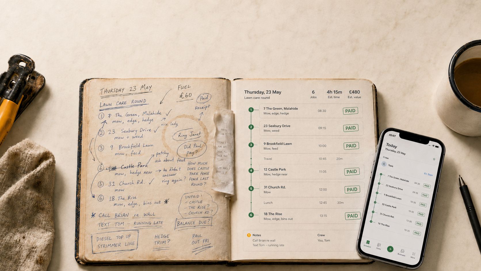 A battered paper work diary changing into a clear digital round, with a crew phone showing today's jobs
